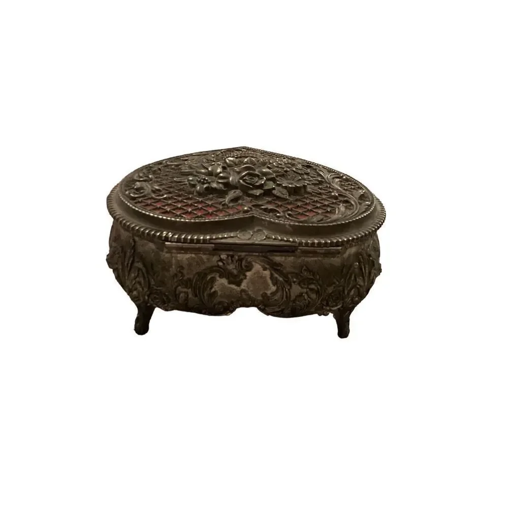 Time For Us Vintage Silver tone Metal Trinket Jewelry Box Flower Heart 3 Footed